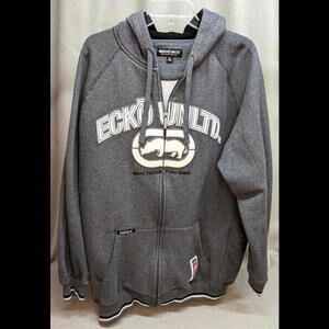 ECKO UNLTD Men's Large Gray Zippered Graphic Hoodie Embossed Rhino Logo